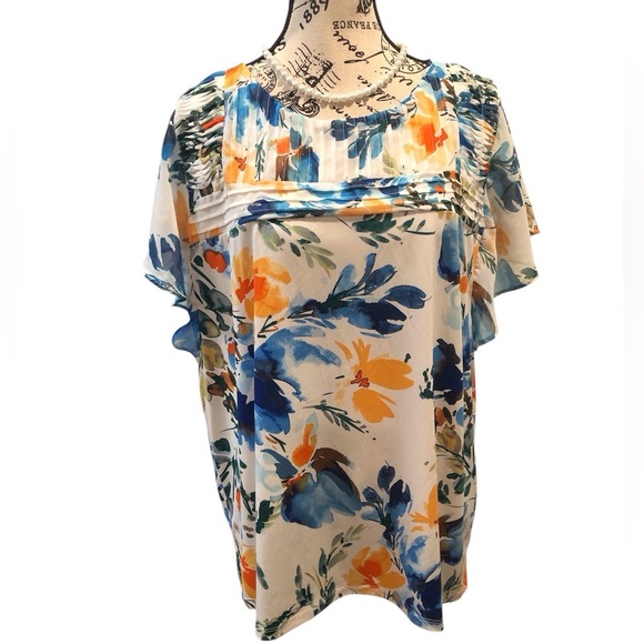 Calvin Klein XL Pin Tucked White, Blue and Orange Floral Women's Top Flutter S/S - Picture 1 of 7